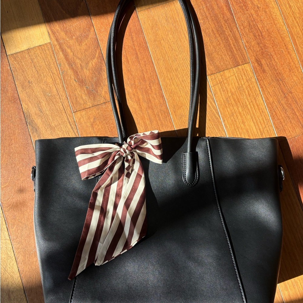 Black Tote Bag with Striped Scarf Accent